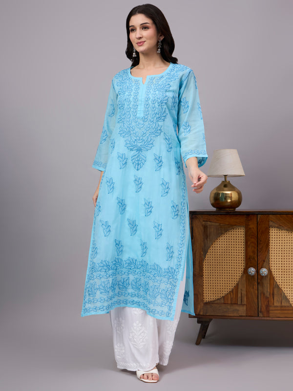 Women's Cotton Straight Kurti with authentic handcrafted Chikankari embroidery and soft inner lining, designed for comfortable regular wear, office wear, and casual ethnic styling.