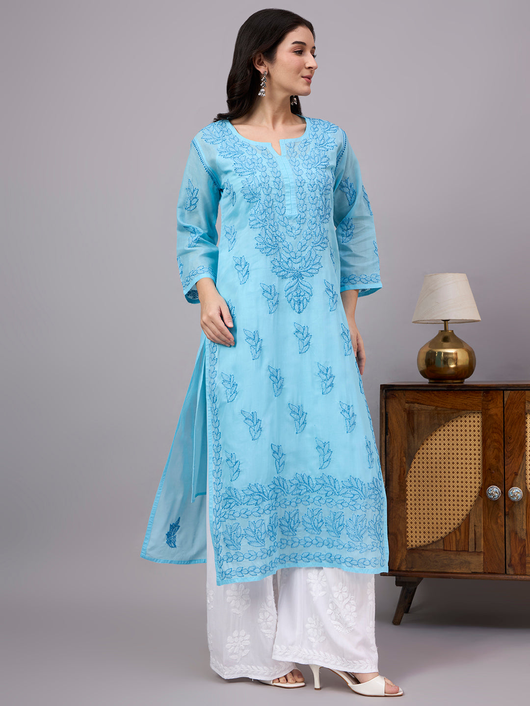 Traditional Cotton kurta with inner featuring artisan-crafted Chikankari embroidery, straight-cut design, and lightweight comfort for modern ethnic wardrobes.