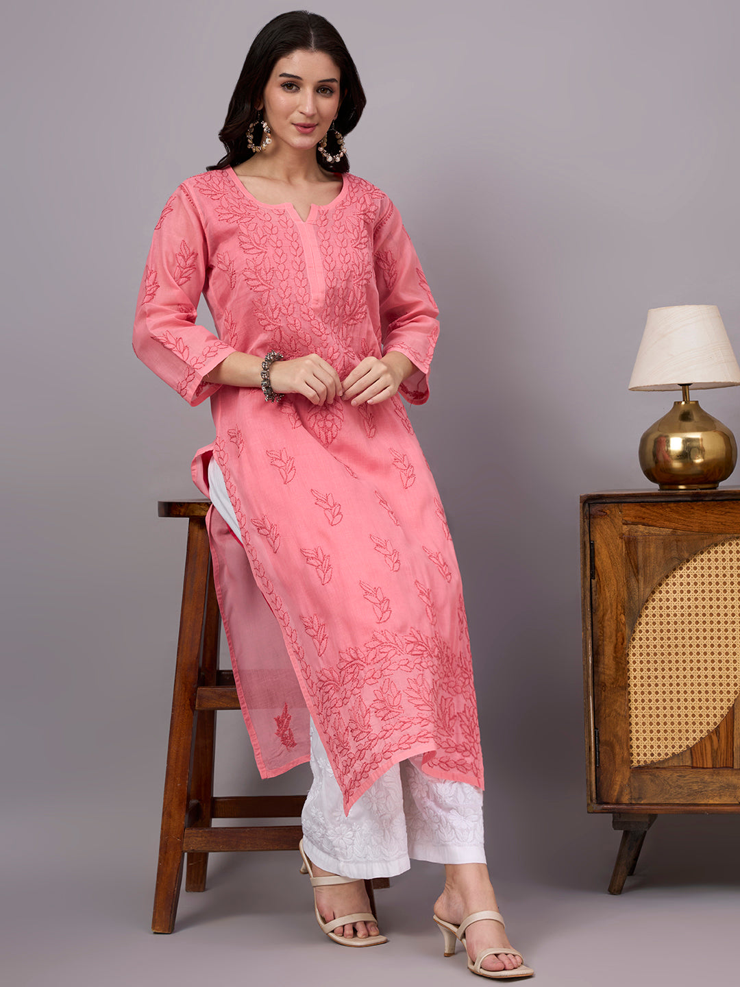 Traditional Cotton Straight Kurti featuring authentic handcrafted Chikankari work, soft cotton inner, and timeless ethnic elegance for women.