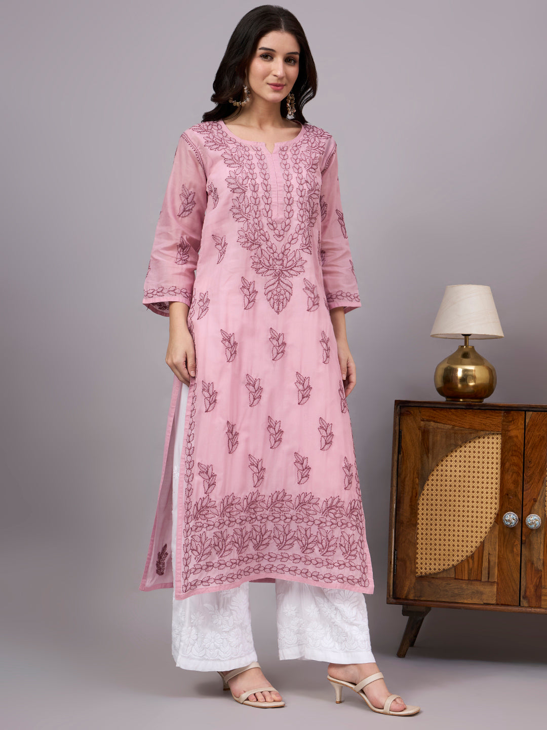 Traditional Cotton kurta with inner featuring artisan-crafted Chikankari embroidery, straight-cut design, and lightweight comfort for modern ethnic wardrobes.