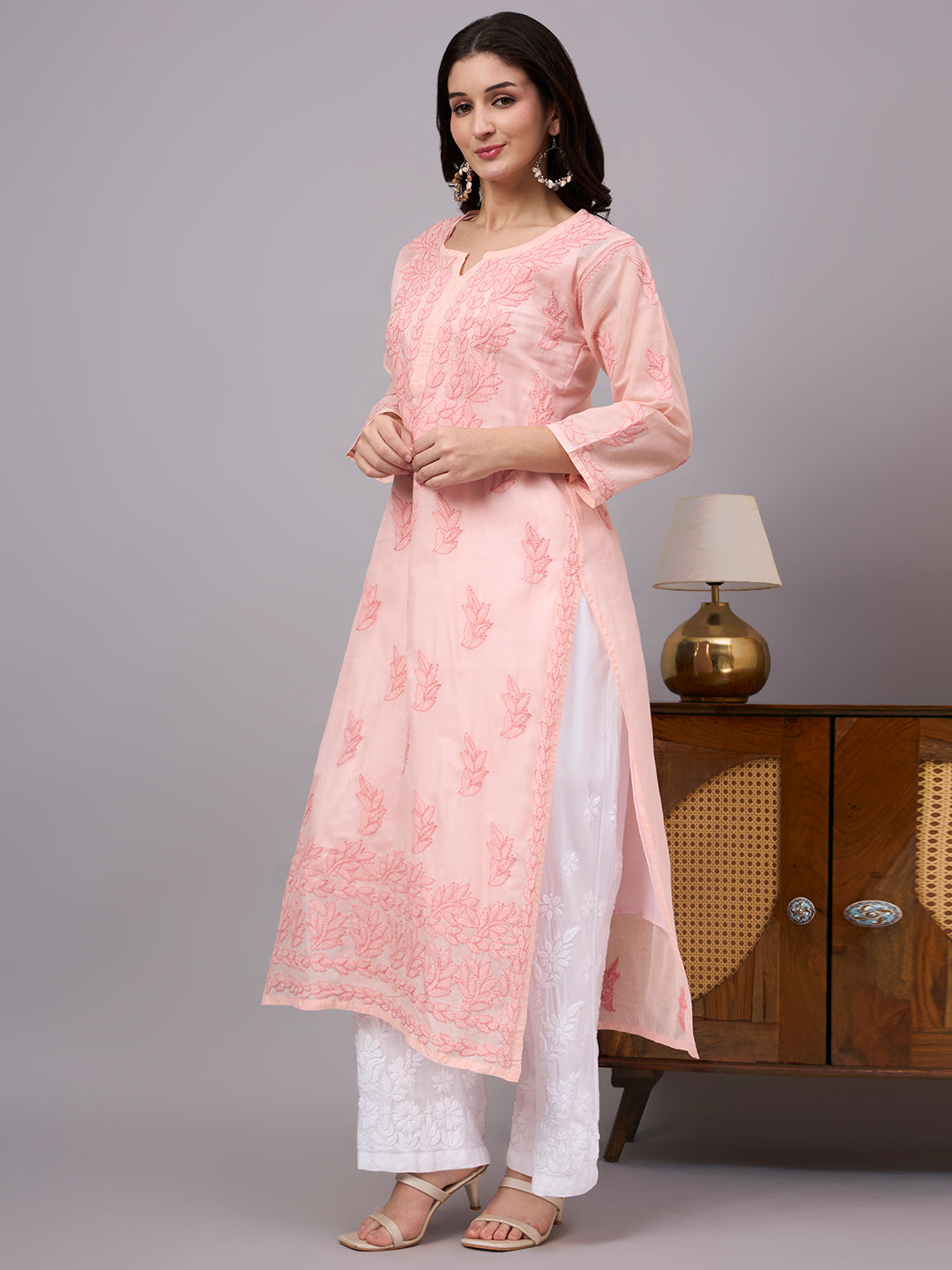 Women's ethnic Cotton kurta with inner featuring authentic Lucknow Chikankari craftsmanship, elegant embroidery, and breathable cotton for effortless everyday style.