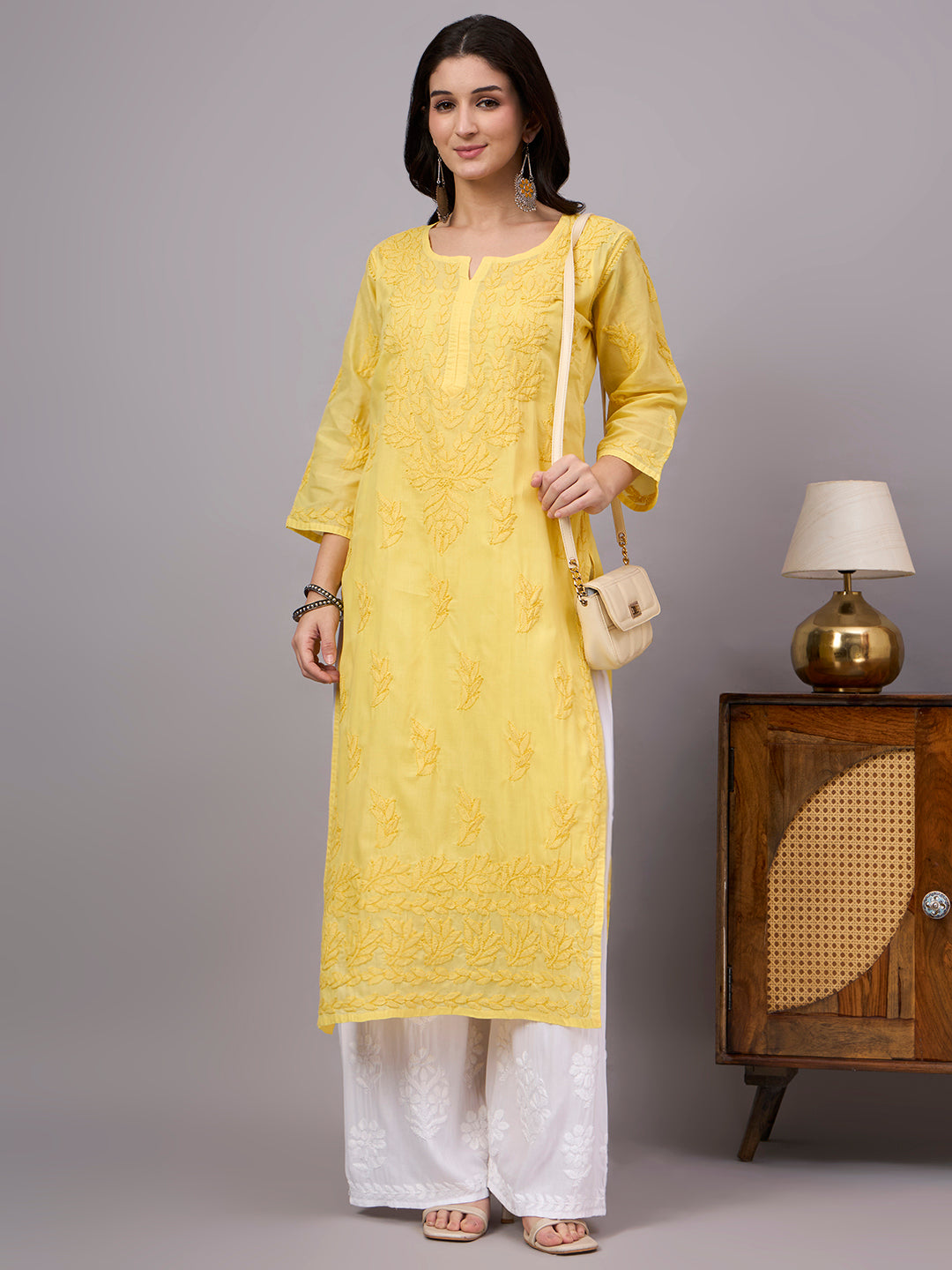 Traditional Cotton Straight Kurti featuring authentic handcrafted Chikankari work, soft cotton inner, and timeless ethnic elegance for women.