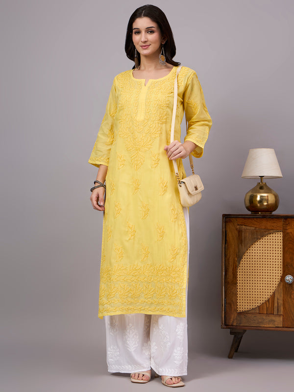 Traditional Cotton Straight Kurti featuring authentic handcrafted Chikankari work, soft cotton inner, and timeless ethnic elegance for women.