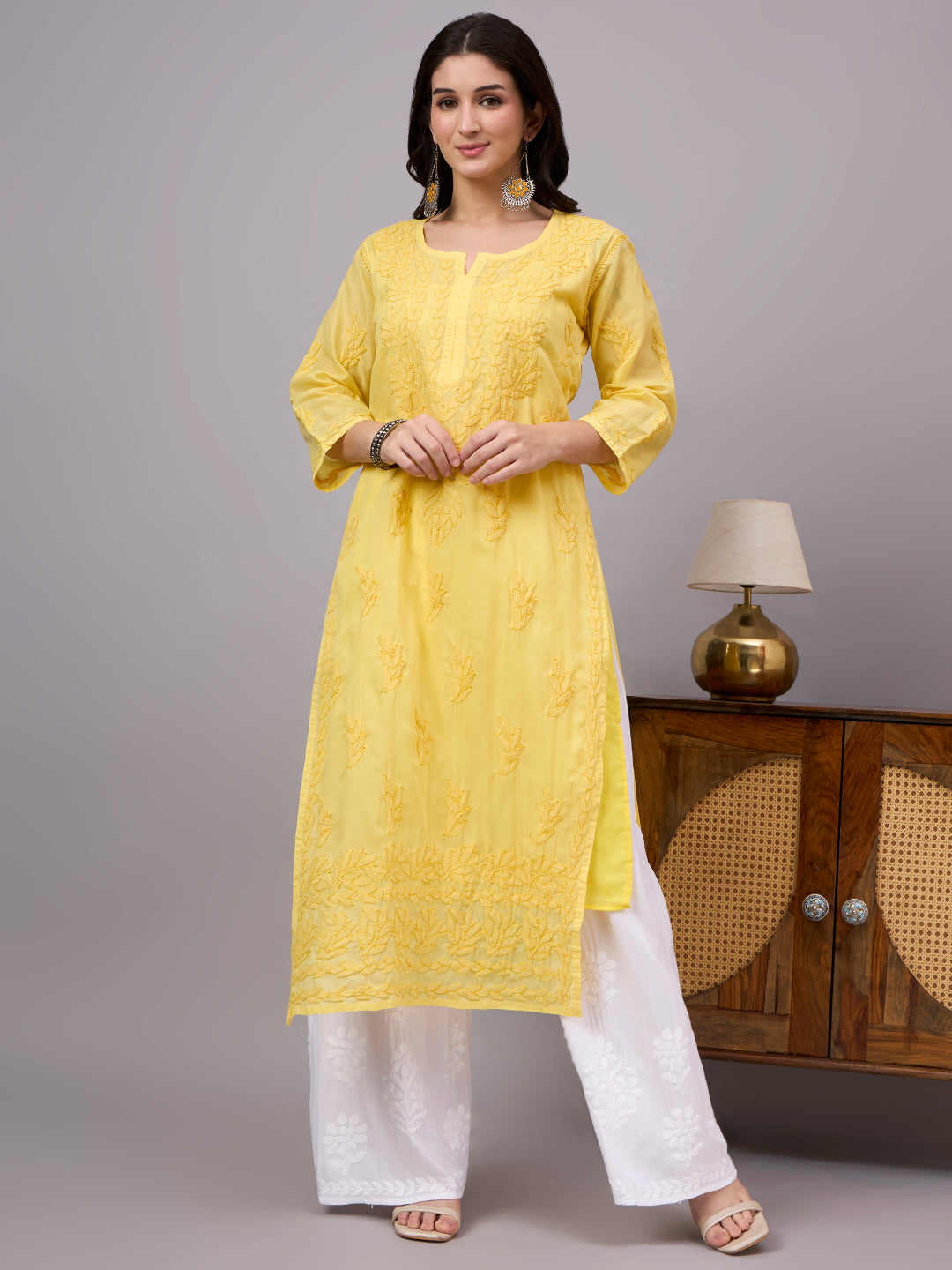 Women's Cotton Straight Kurti with authentic handcrafted Chikankari embroidery and soft inner lining, designed for comfortable regular wear, office wear, and casual ethnic styling.