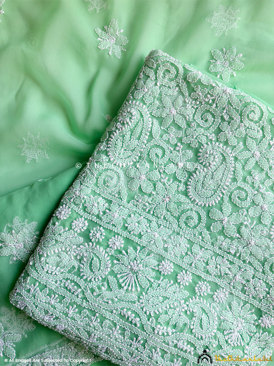 “Premium georgette chikankari kurta fabric with dupatta showcasing intricate Lucknowi embroidery patterns”