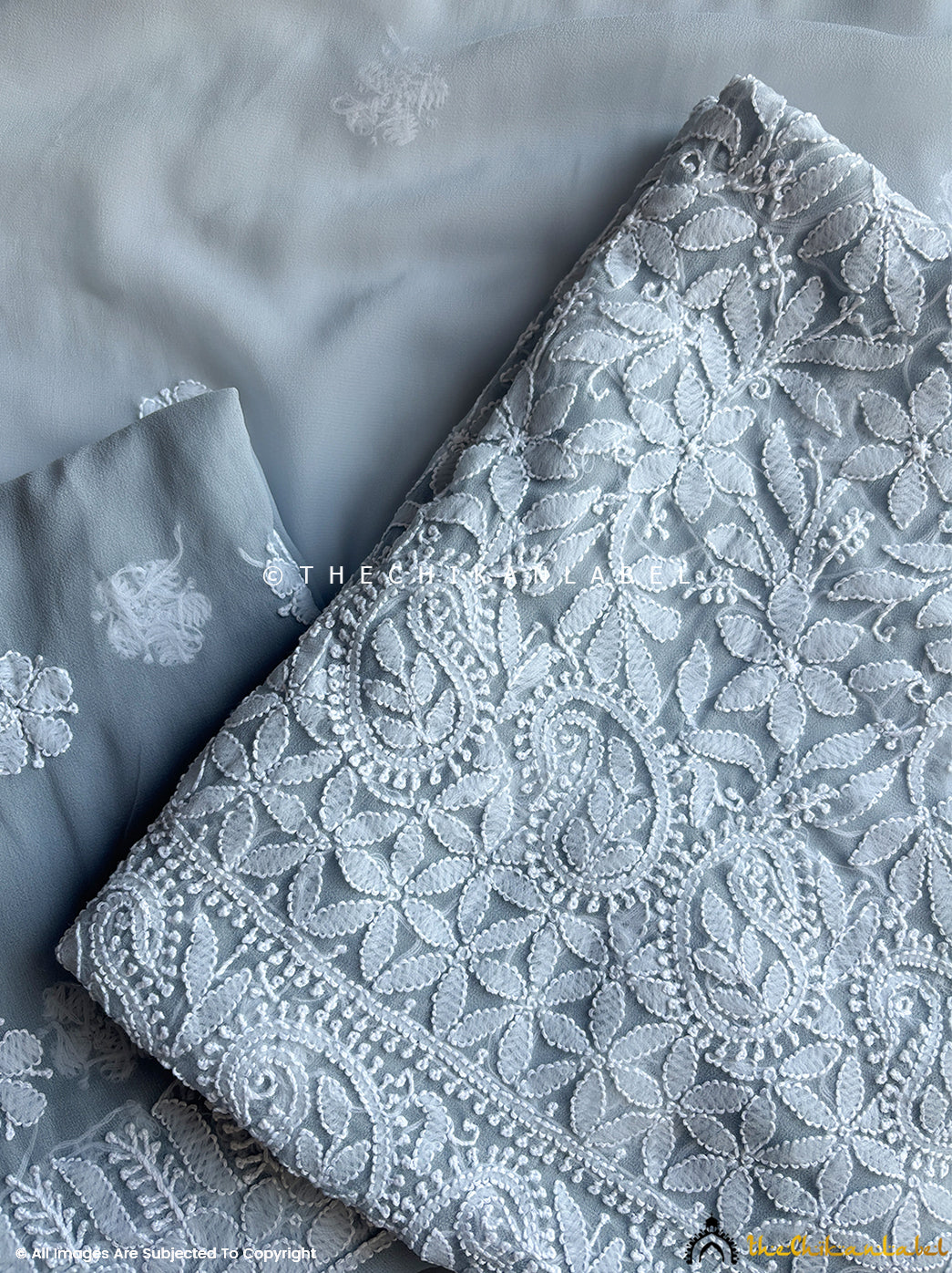 “Premium georgette chikankari kurta fabric with dupatta showcasing intricate Lucknowi embroidery patterns”