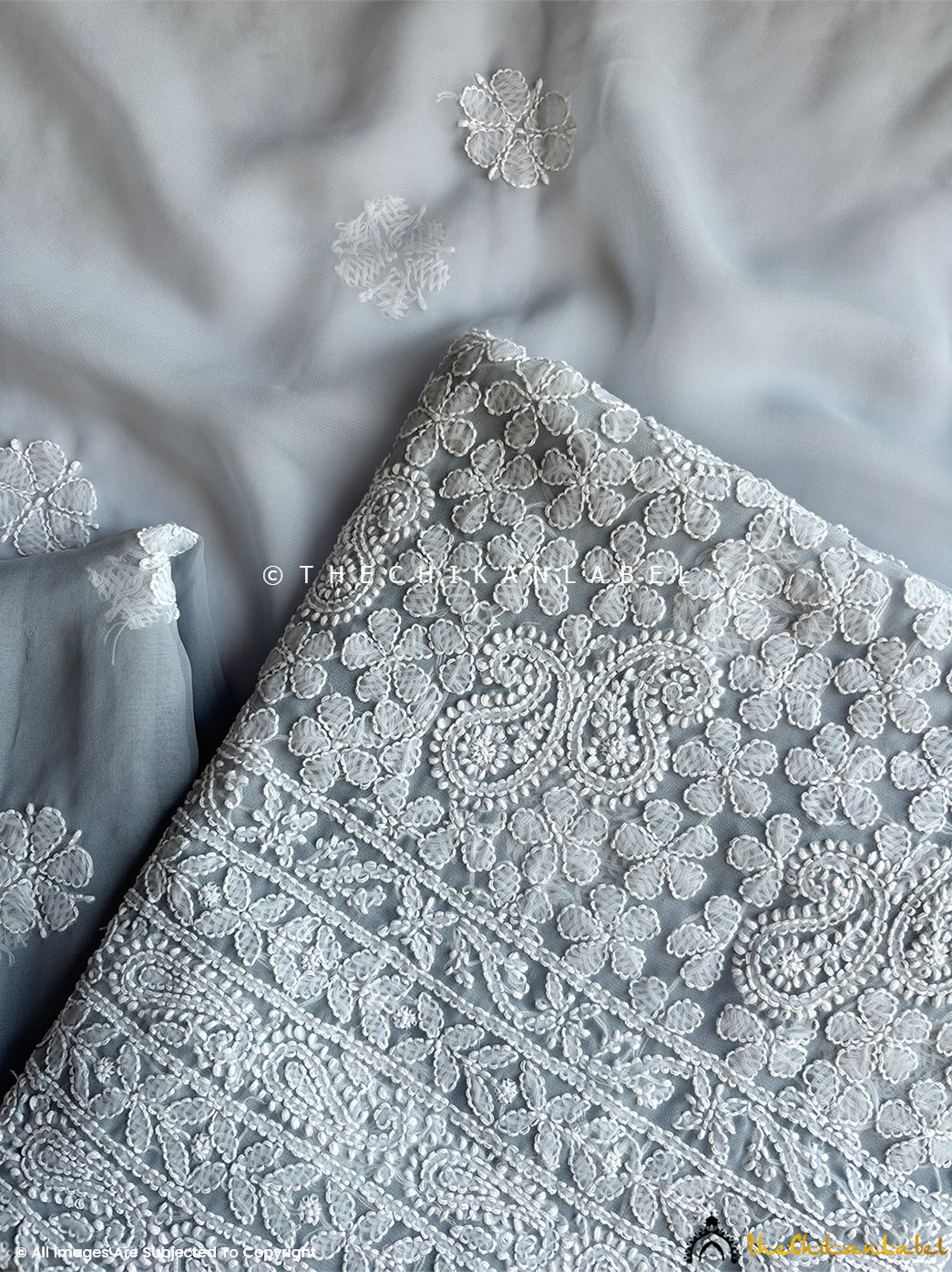 “Premium georgette chikankari kurta fabric with dupatta showcasing intricate Lucknowi embroidery patterns”