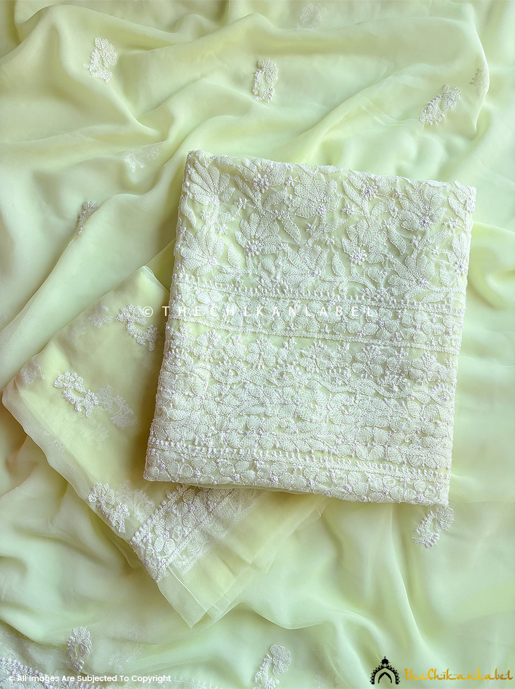 “Unstitched georgette chikankari suit piece with dupatta featuring traditional hand embroidery and floral motifs”