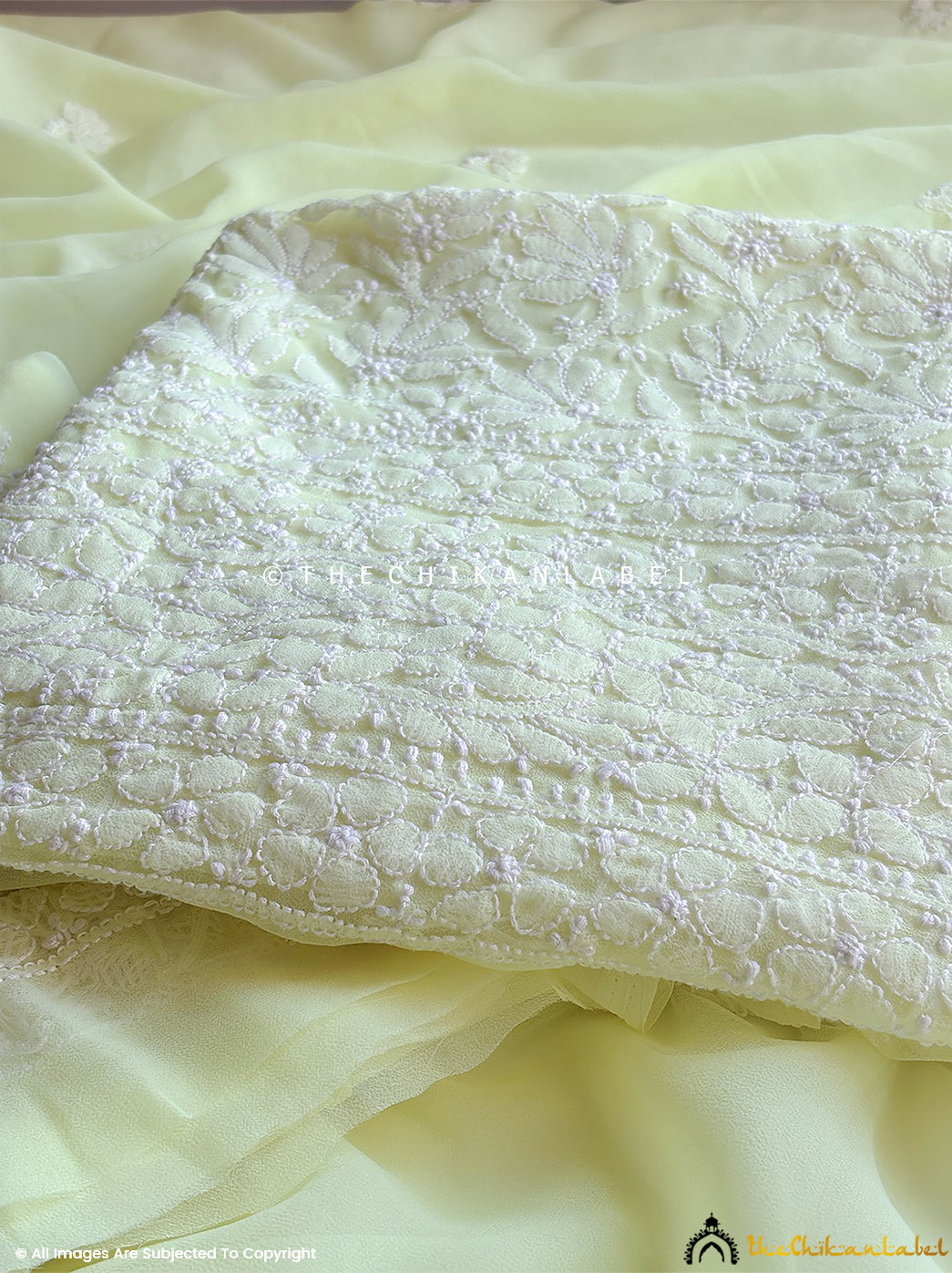 “Premium georgette chikankari kurta fabric with dupatta showcasing intricate Lucknowi embroidery patterns”