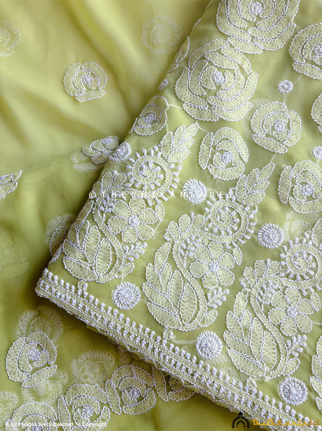 “Premium georgette chikankari kurta fabric with dupatta showcasing intricate Lucknowi embroidery patterns”