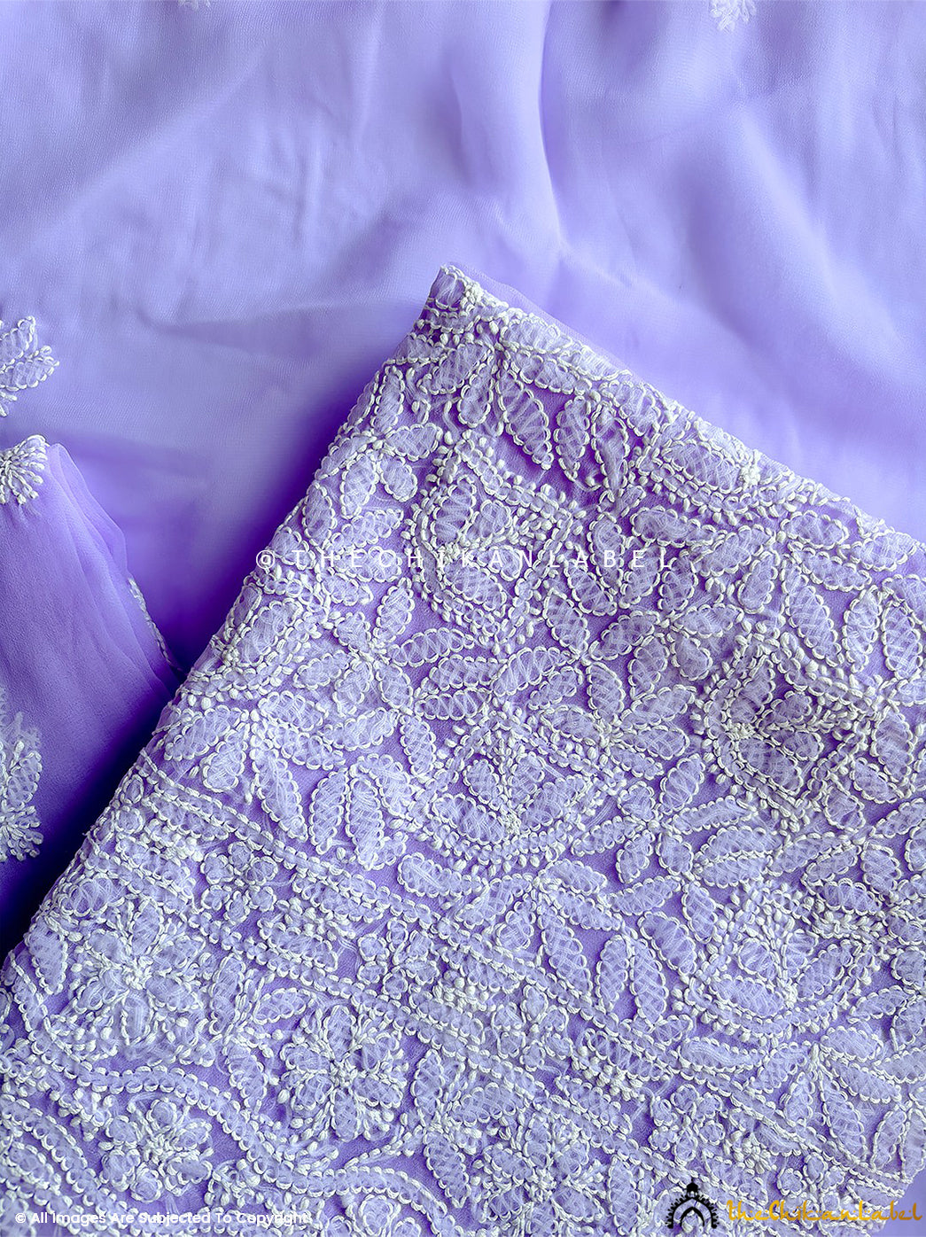 “Premium georgette chikankari kurta fabric with dupatta showcasing intricate Lucknowi embroidery patterns”