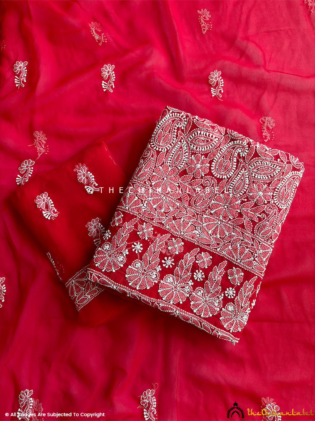 “Unstitched georgette chikankari suit piece with dupatta featuring traditional hand embroidery and floral motifs”