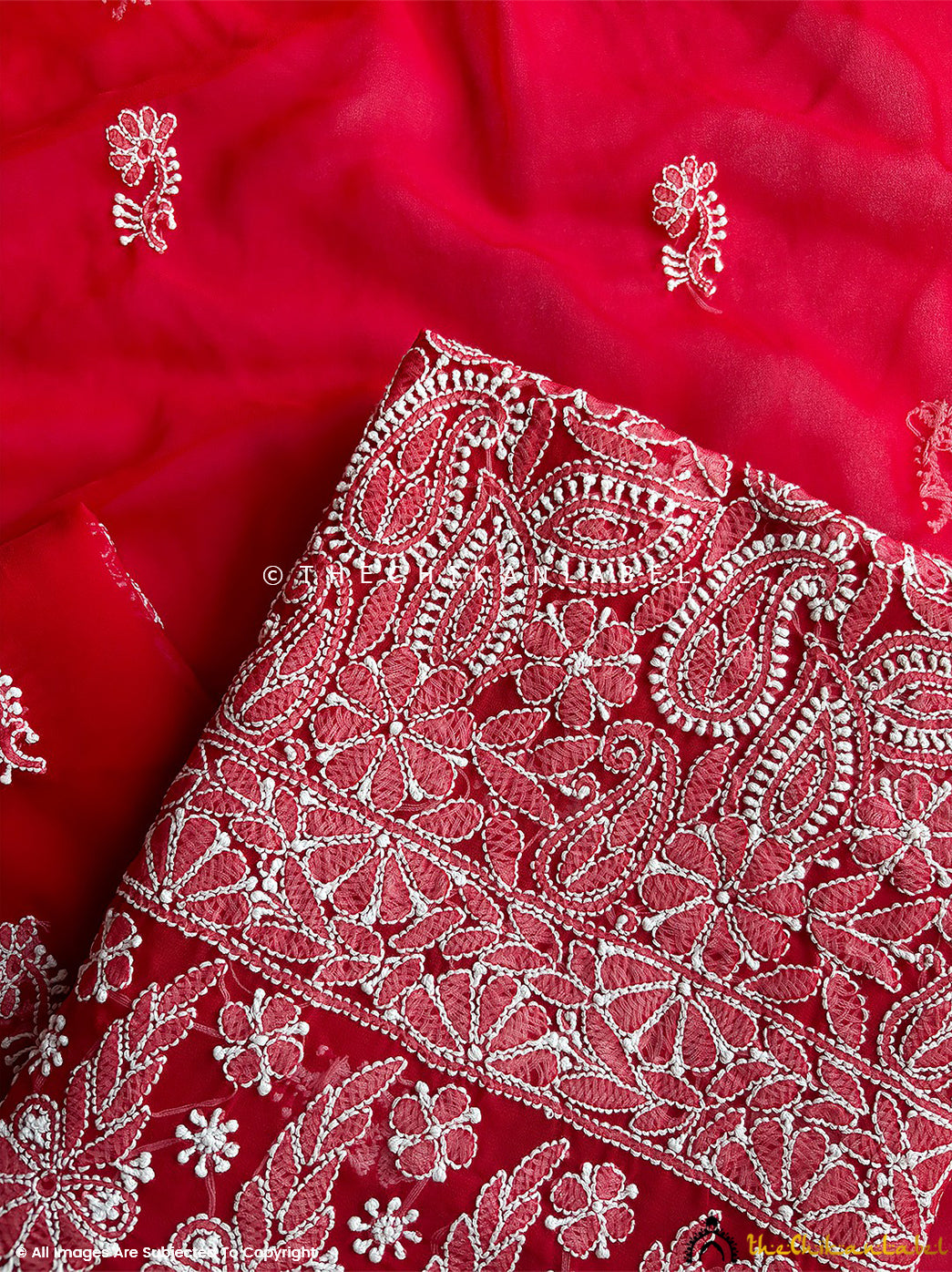 “Premium georgette chikankari kurta fabric with dupatta showcasing intricate Lucknowi embroidery patterns”