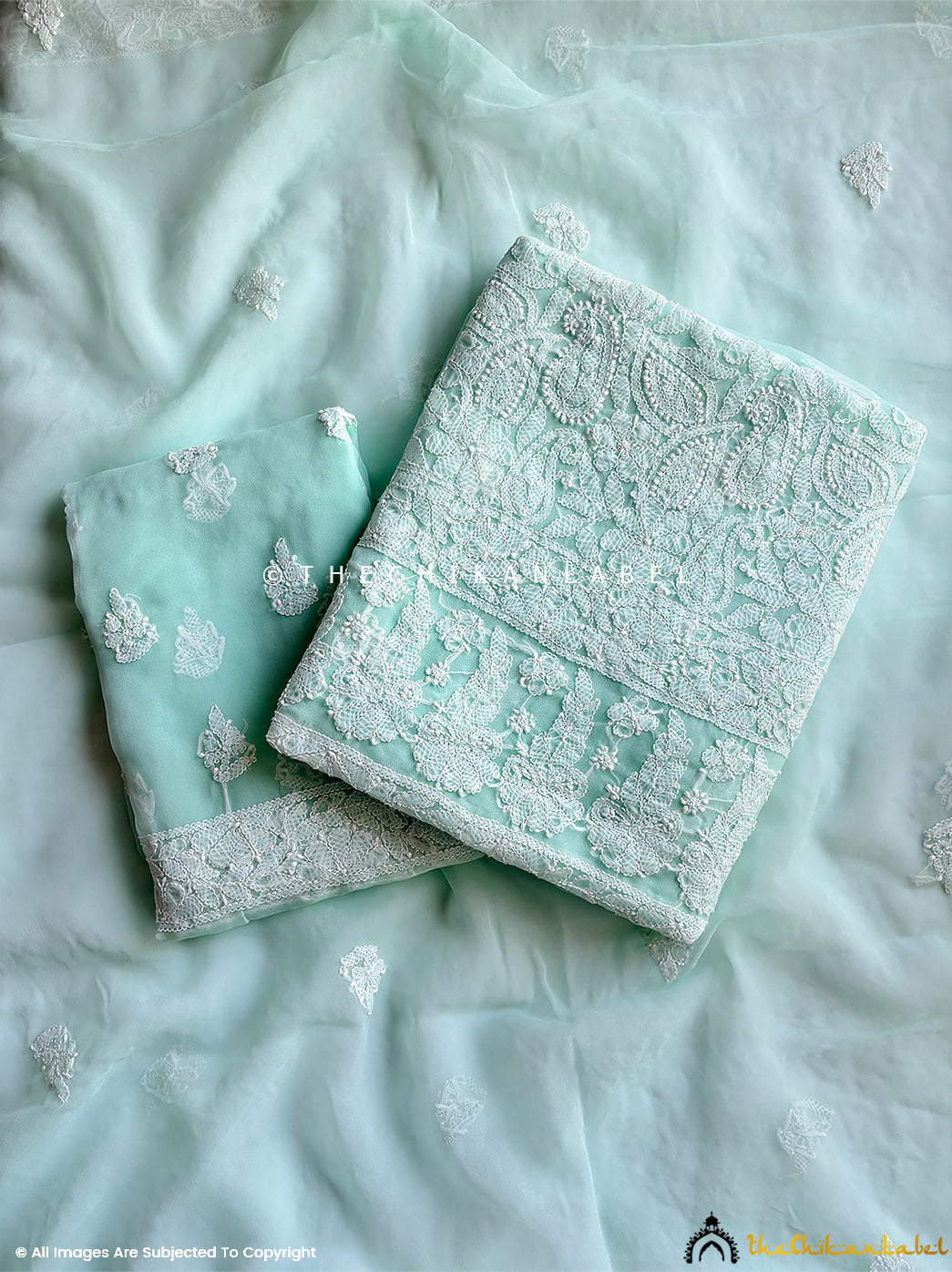 Unstitched georgette chikankari suit piece with dupatta featuring authentic hand embroidery and traditional motifs