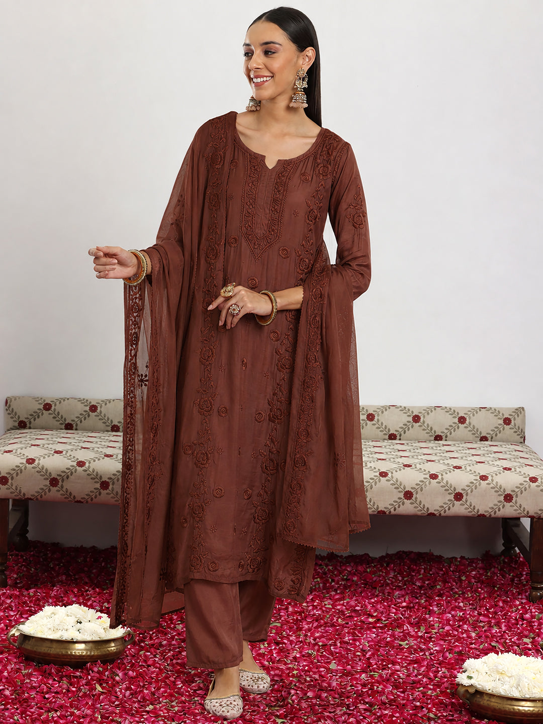 Ishita Muslin Kurti Palazzo Set with Dupatta featuring detailed embroidery on the straight kurti, coordinated wide-leg palazzo and lightweight matching dupatta for elegant ethnic wear.