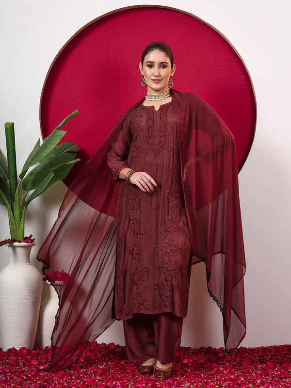 Ishita Muslin Chikankari Straight Kurta Set with Dupatta - Brown
