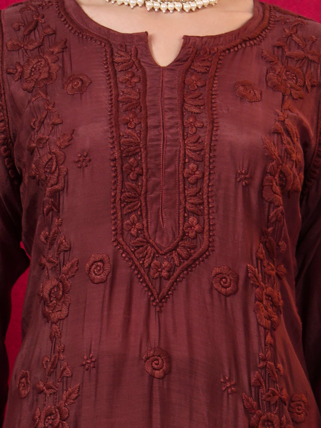 Ishita Muslin Chikankari Straight Kurta Set with Dupatta - Brown