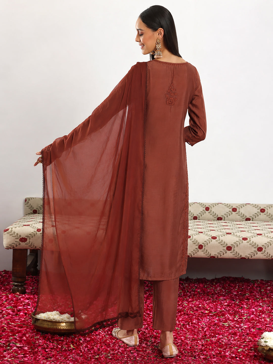 Full-length view of Ishita Muslin Kurti Palazzo Set with Dupatta styled with embroidered kurti, comfortable palazzo pants and a flowing dupatta for a graceful traditional look.
