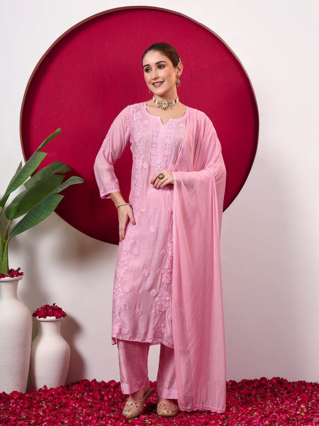 Ishita Muslin Chikankari Straight Kurta Set with Dupatta - Champagne