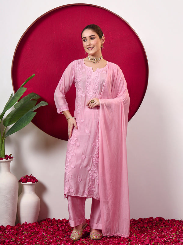Ishita Muslin Chikankari Straight Kurta Set with Dupatta - Champagne