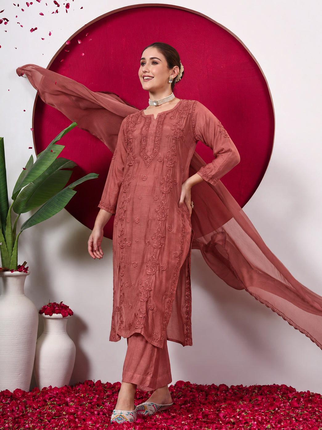 Ishita Muslin Chikankari Straight Kurta Set with Dupatta - Coral