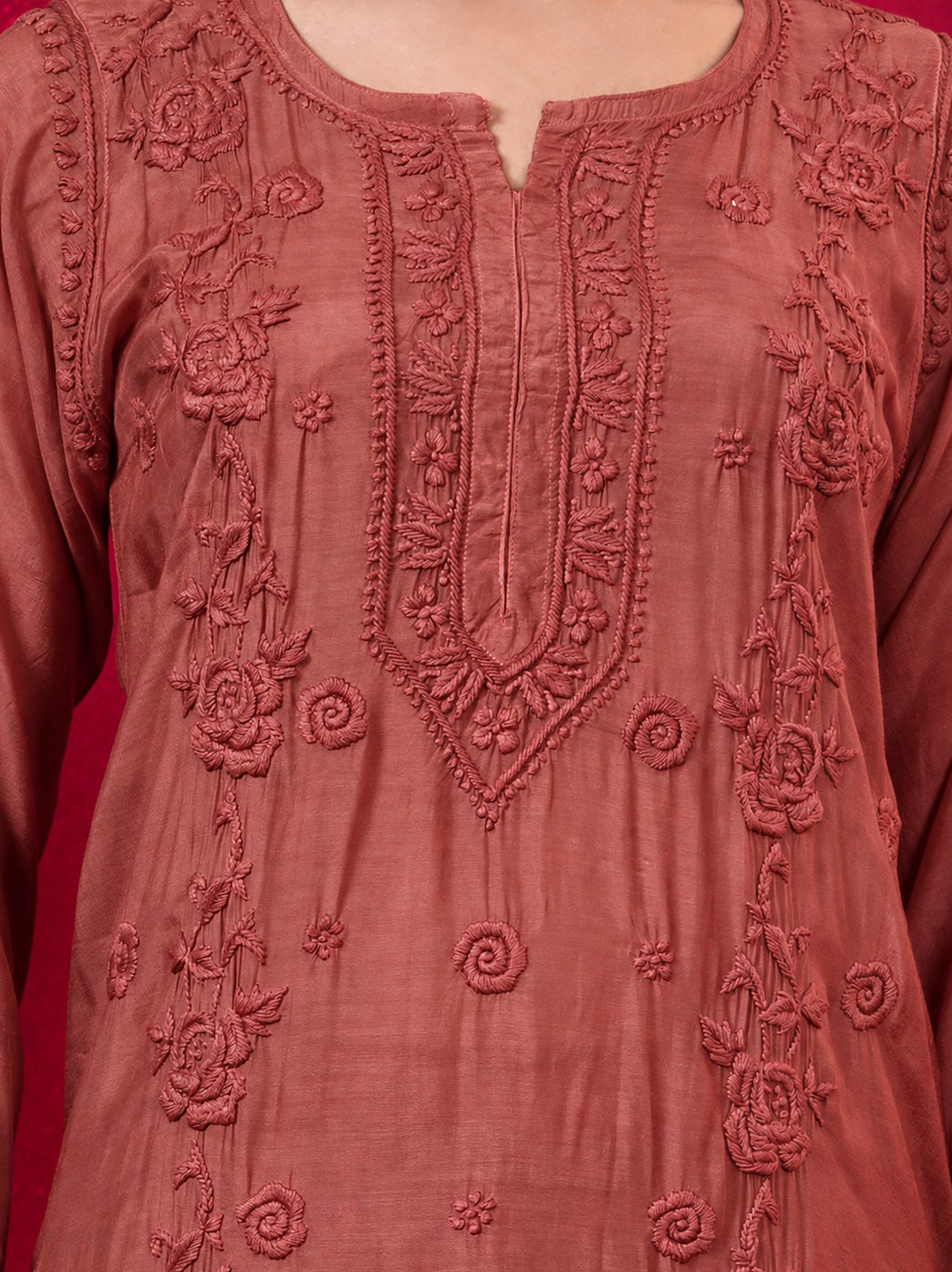 Ishita Muslin Chikankari Straight Kurta Set with Dupatta - Coral