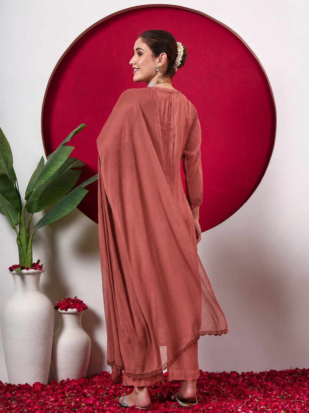 Ishita Muslin Chikankari Straight Kurta Set with Dupatta - Coral
