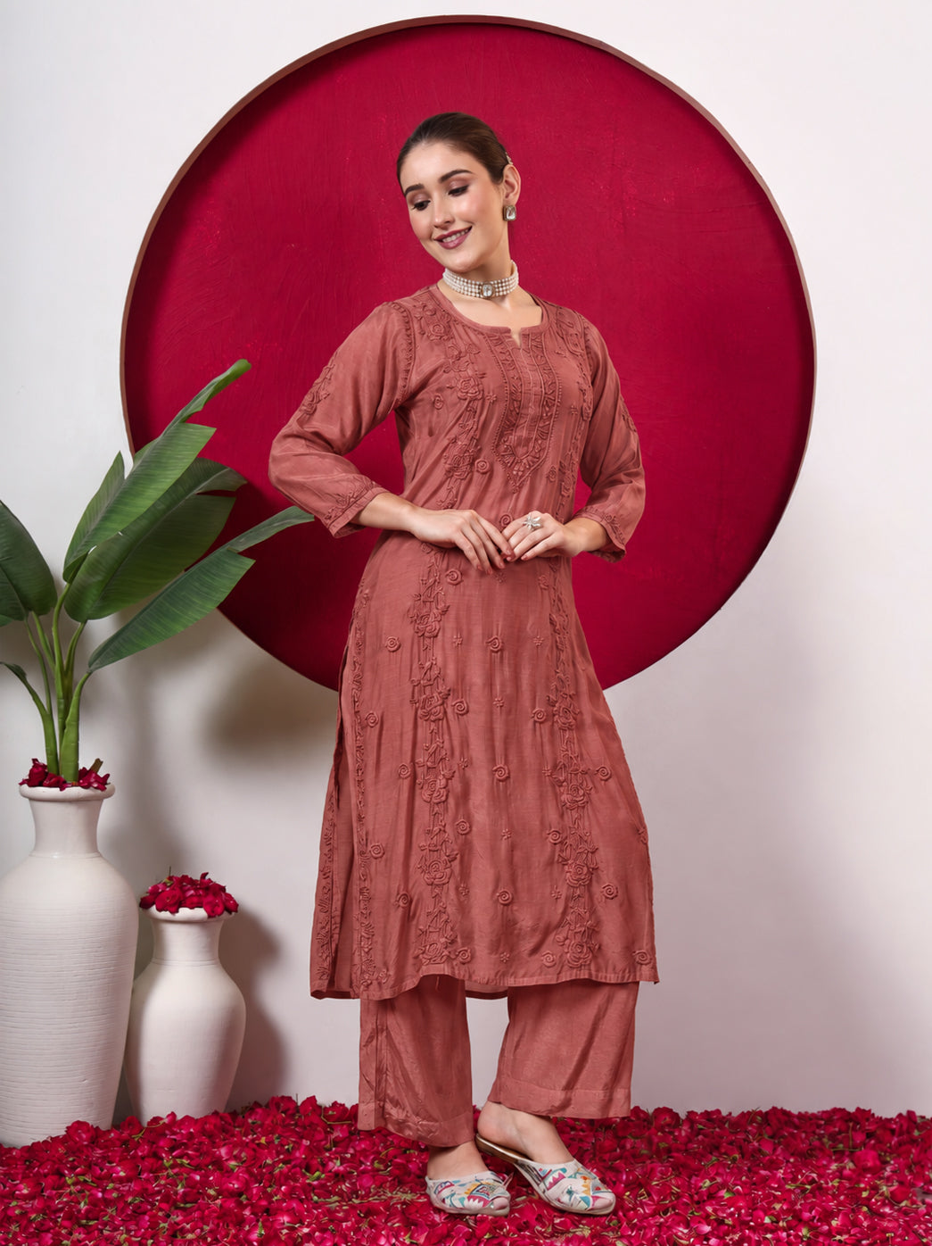 Ishita Muslin Chikankari Straight Kurta Set with Dupatta - Coral