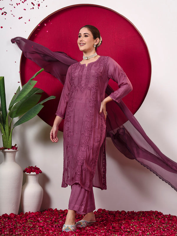 Ishita Muslin Chikankari Straight Kurta Set with Dupatta - Mauve