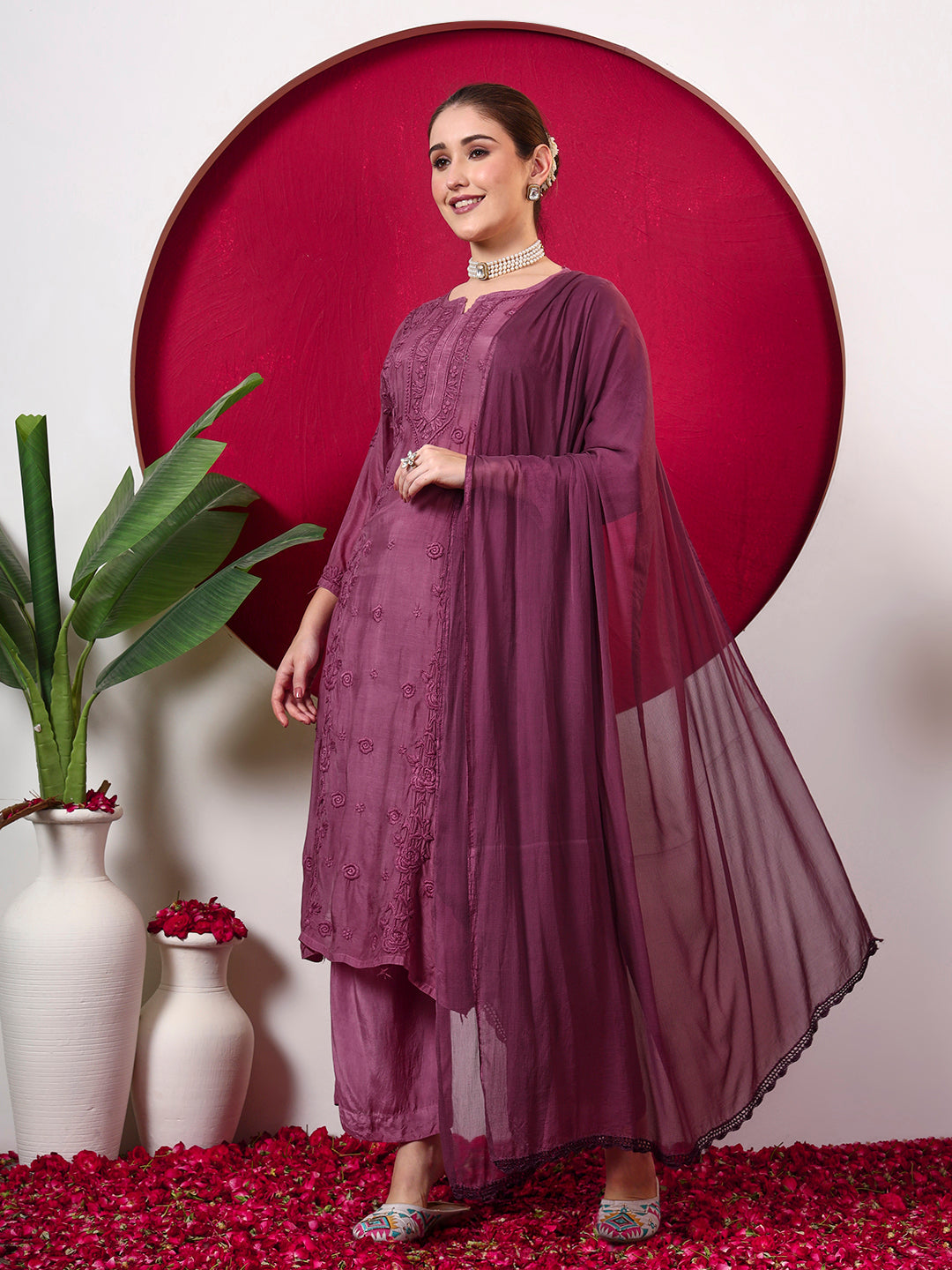 Ishita Muslin Chikankari Straight Kurta Set with Dupatta - Mauve