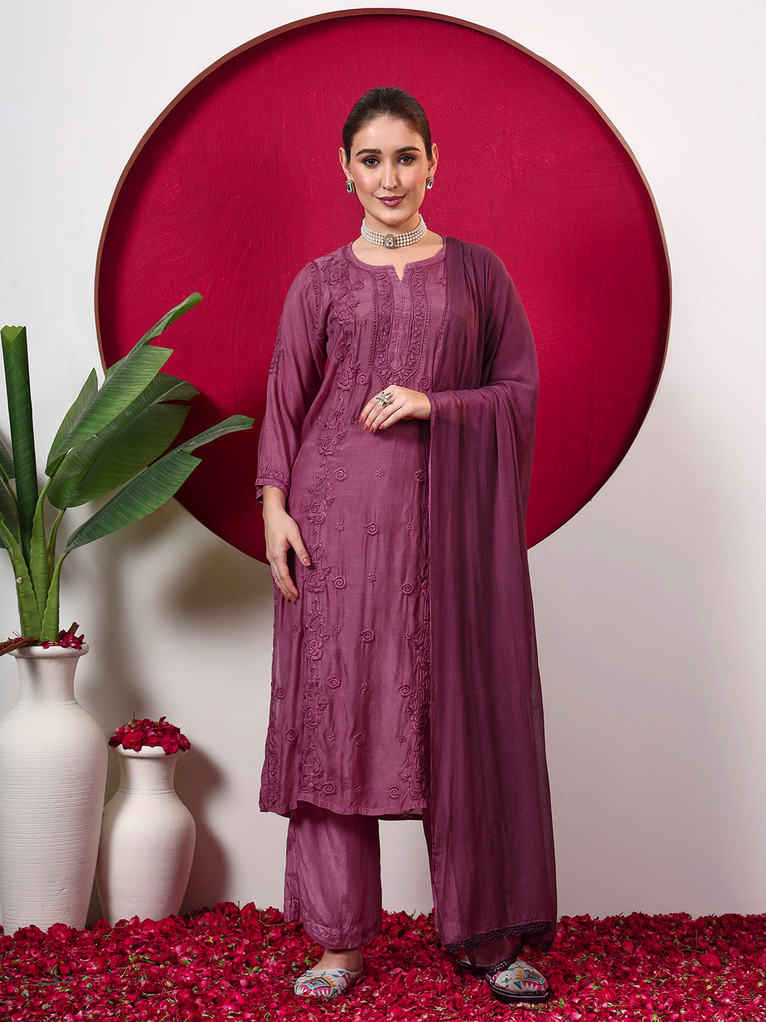 Ishita Muslin Chikankari Straight Kurta Set with Dupatta - Mauve