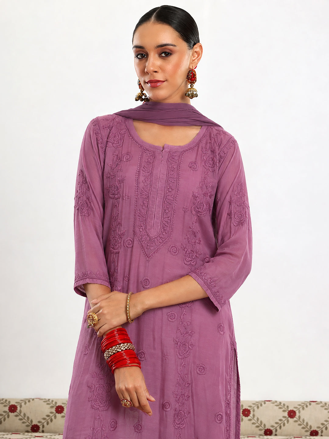 Muslin Chikankari Straight Kurta Set with Dupatta styled as a complete ethnic outfit suitable for office wear, brunches, family gatherings and everyday occasions.