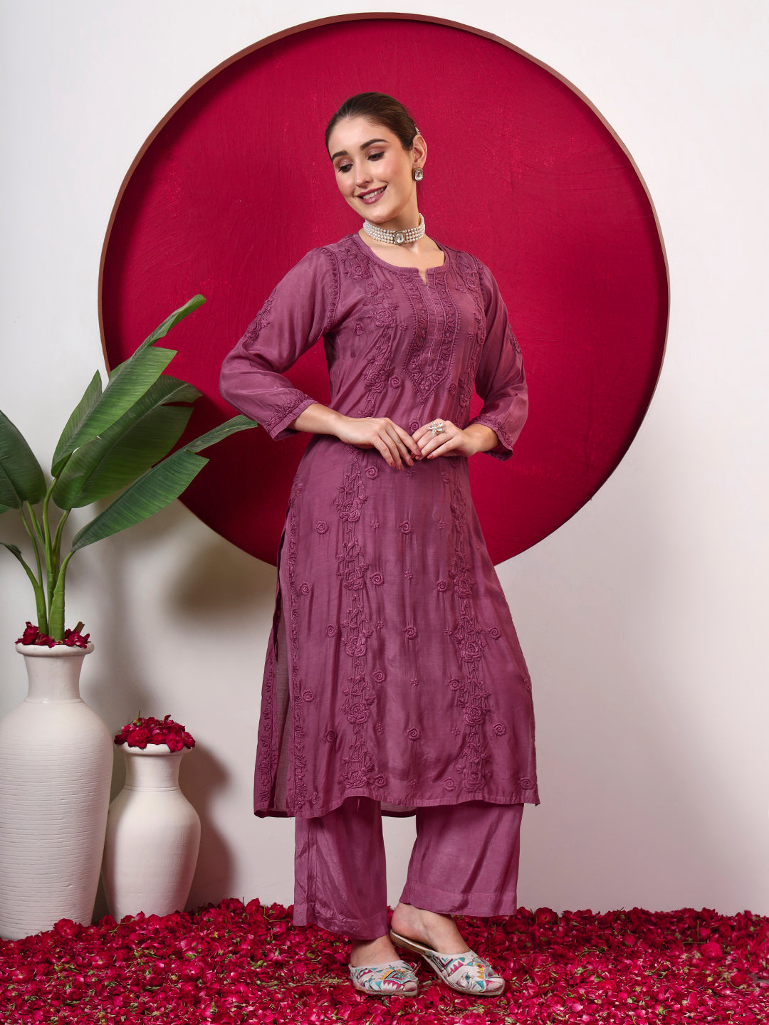 Ishita Muslin Chikankari Straight Kurta Set with Dupatta - Mauve
