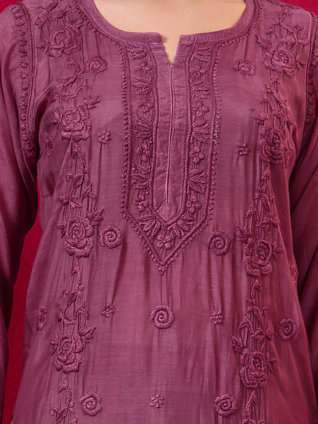 Ishita Muslin Chikankari Straight Kurta Set with Dupatta - Mauve