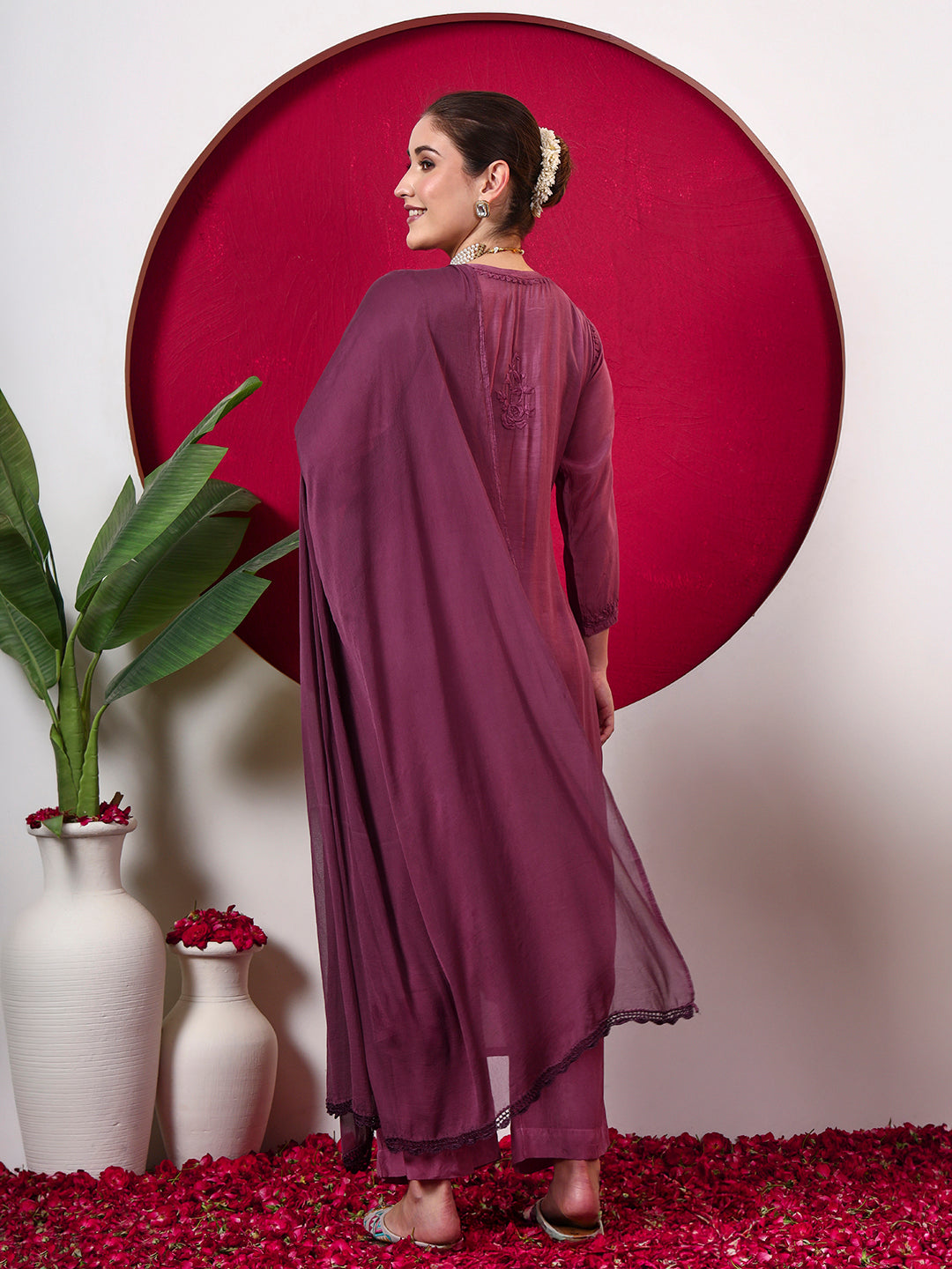 Ishita Muslin Chikankari Straight Kurta Set with Dupatta - Mauve