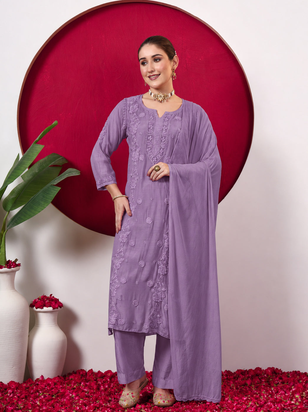 Ishita Muslin Chikankari Straight Kurta Set with Dupatta - Purple