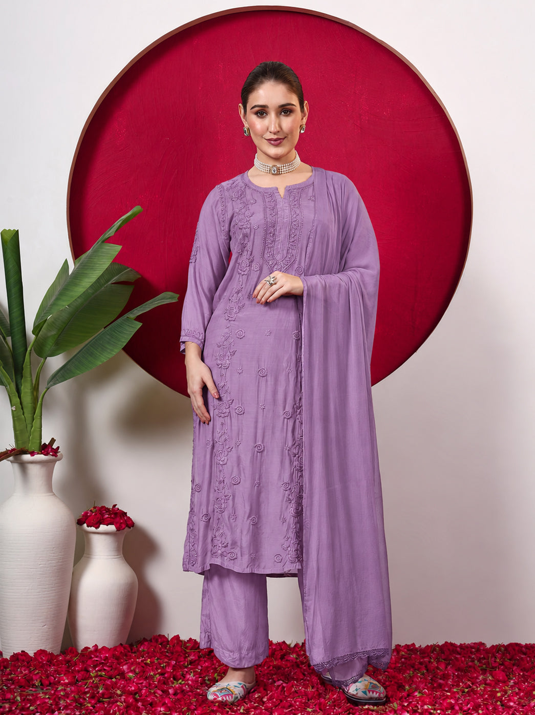Ishita Muslin Chikankari Straight Kurta Set with Dupatta - Purple