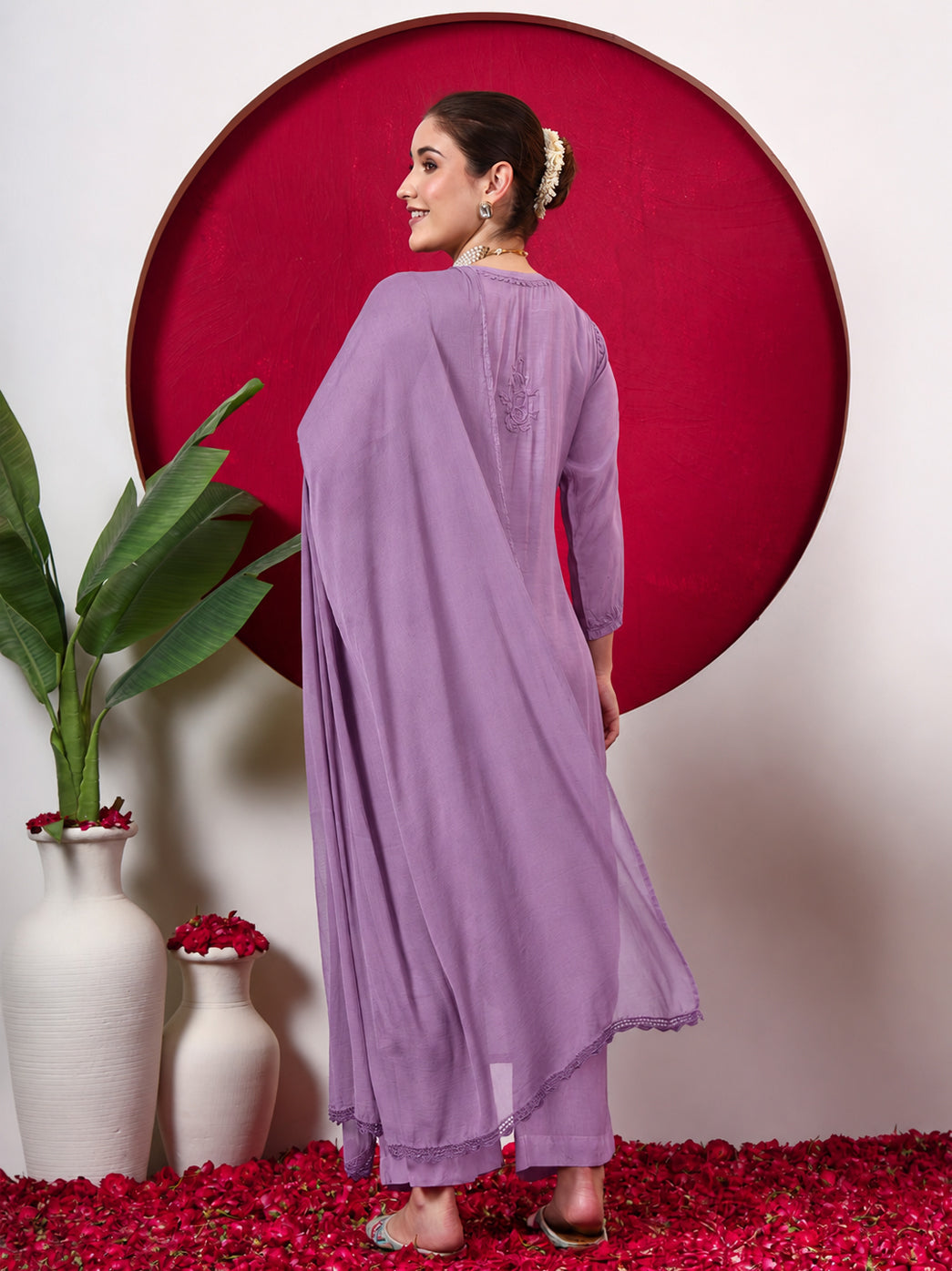 Ishita Muslin Chikankari Straight Kurta Set with Dupatta - Purple