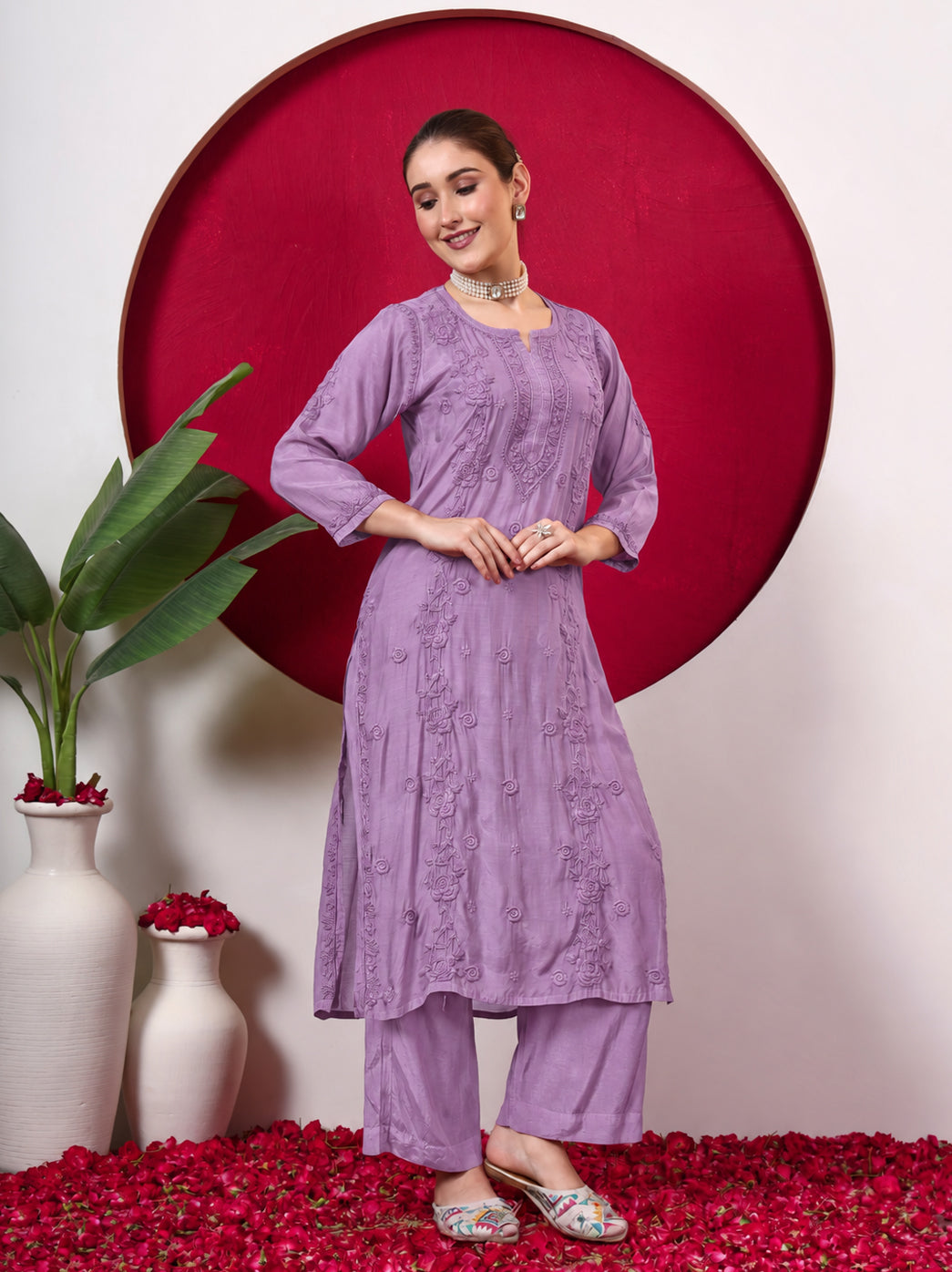 Ishita Muslin Chikankari Straight Kurta Set with Dupatta - Purple