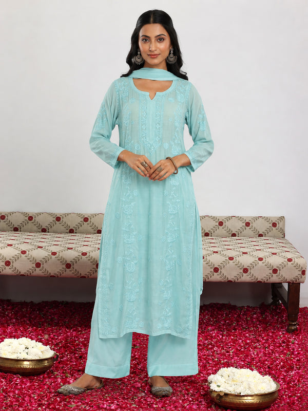 Ishita Muslin Kurti Palazzo Set with Dupatta designed in lightweight muslin fabric with detailed neckline embroidery and traditional motifs across the kurti.