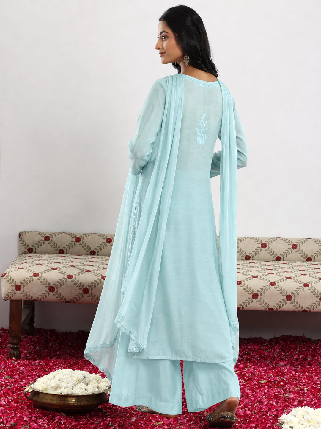 Elegant Ishita Muslin Kurti Palazzo Set with Dupatta featuring traditional embroidered detailing and a comfortable three-piece ethnic silhouette for women.