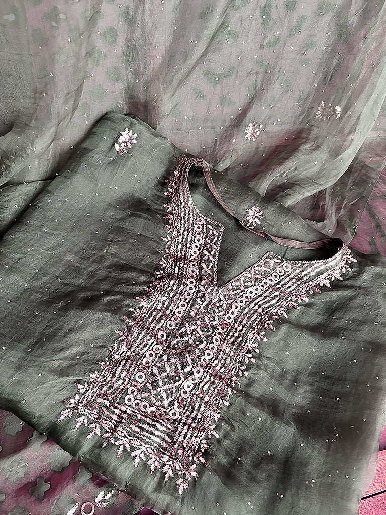 Close-up view of viscose unstitched kurti piece with dupatta showcasing intricate neckline embroidery and festive embellishments.