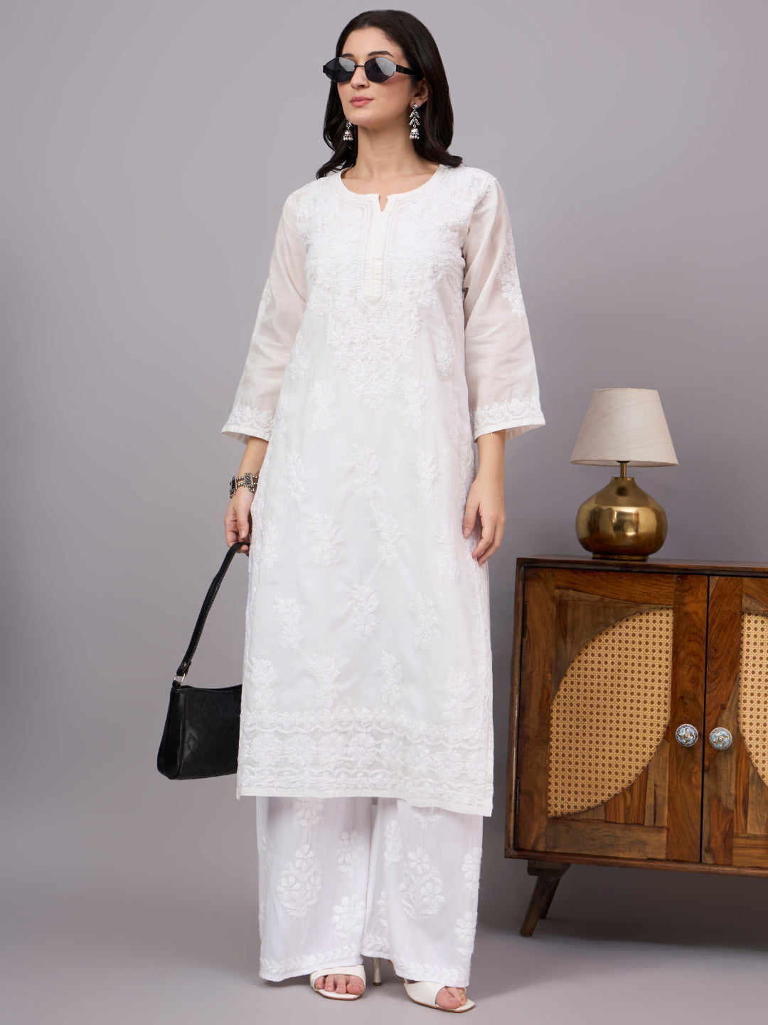 Women's Cotton Straight Kurti with authentic handcrafted Chikankari embroidery and soft inner lining, designed for comfortable regular wear, office wear, and casual ethnic styling.