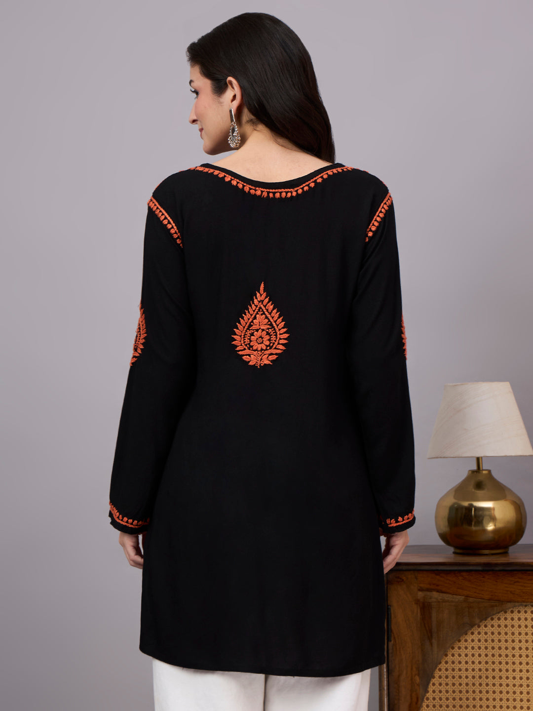 Elegant Rayon Short Kurta showcasing traditional Lucknow Chikankari craftsmanship with breathable fabric, full sleeves, and versatile daily wear appeal.