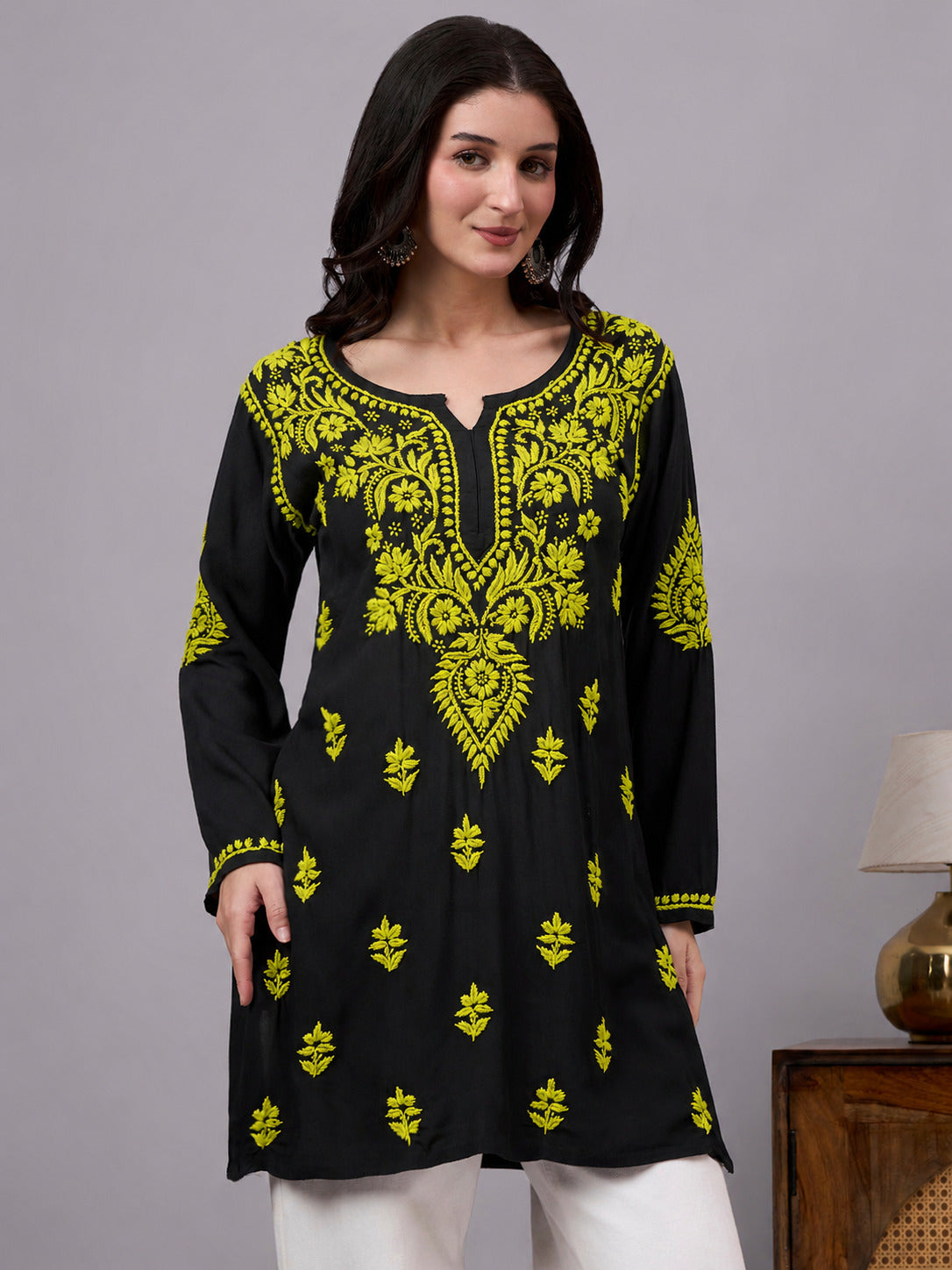 Women's Rayon Short Kurta featuring authentic handcrafted Chikankari embroidery with a modern short silhouette, designed for comfortable everyday ethnic styling.