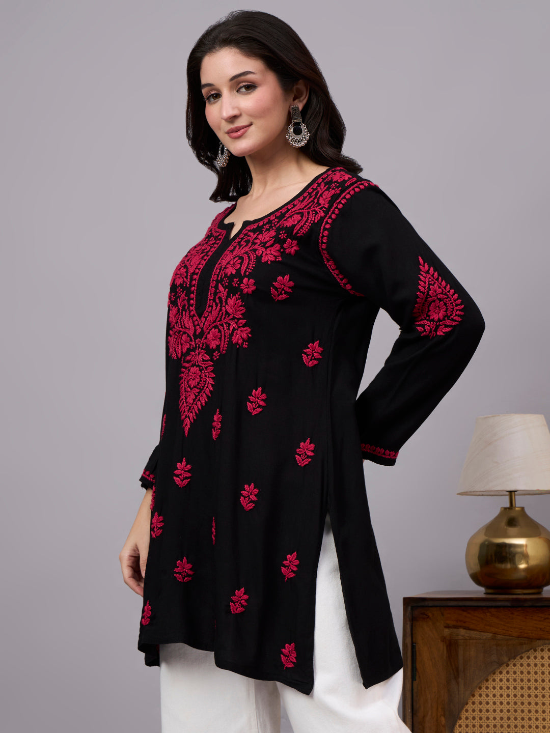 Handcrafted Rayon Short Kurta for women featuring elegant embroidery detailing, lightweight fabric, and a stylish silhouette suitable for multiple occasions.