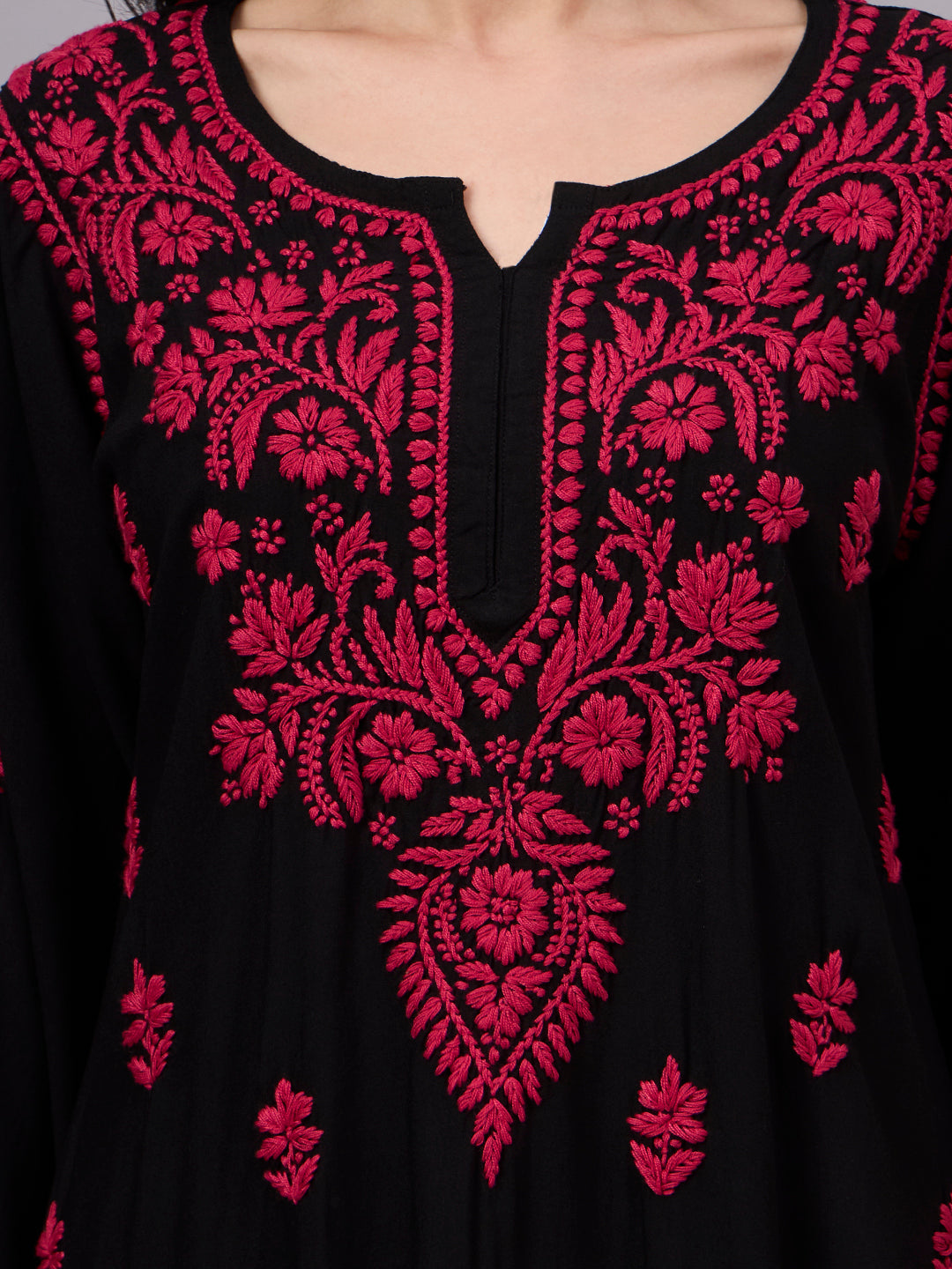 Women's Rayon Short Kurta with handcrafted floral Chikankari embroidery, comfortable regular fit, and versatile styling options for everyday fashion.