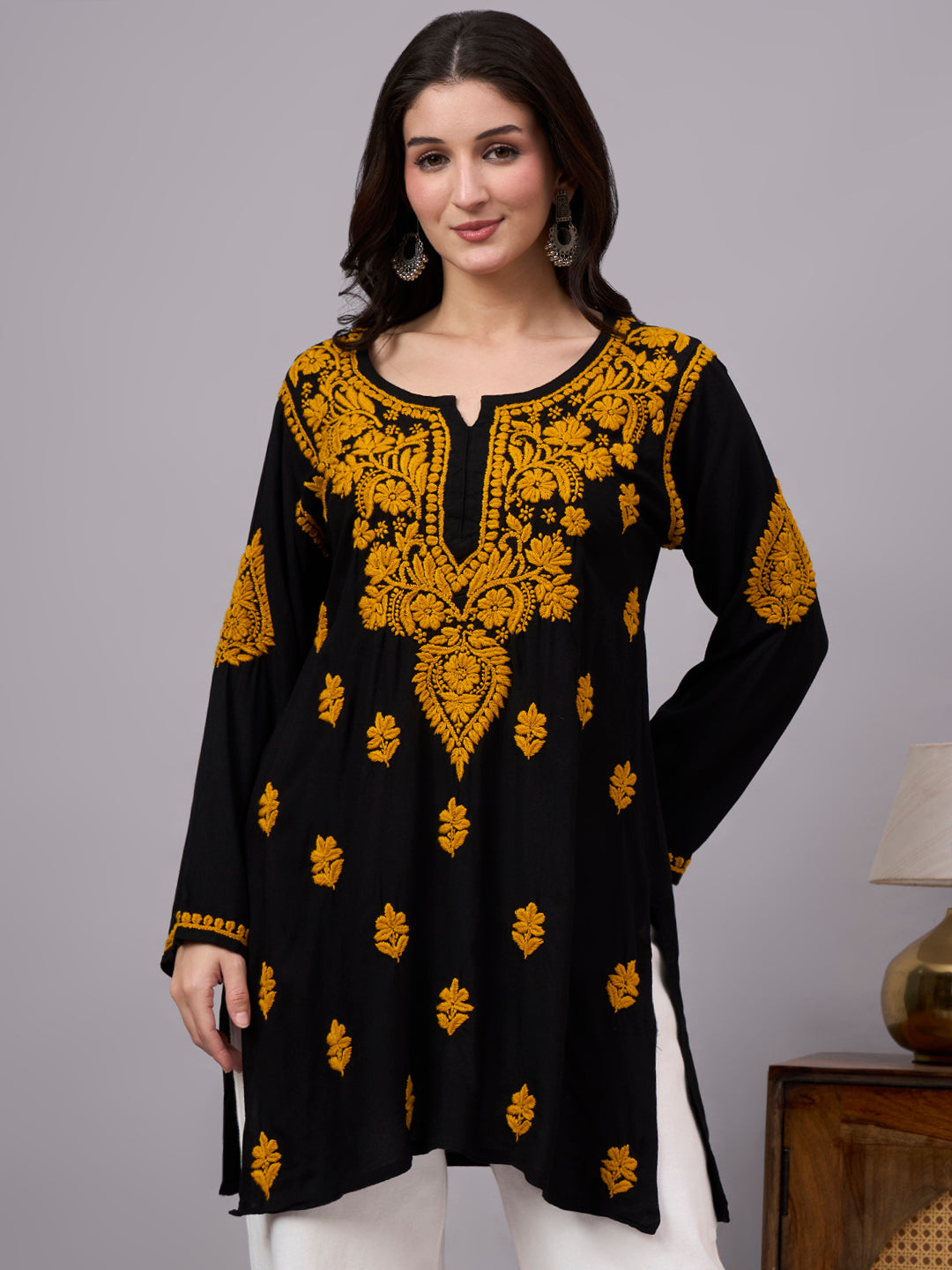 Women's Rayon Short Kurta featuring authentic handcrafted Chikankari embroidery with a modern short silhouette, designed for comfortable everyday ethnic styling.