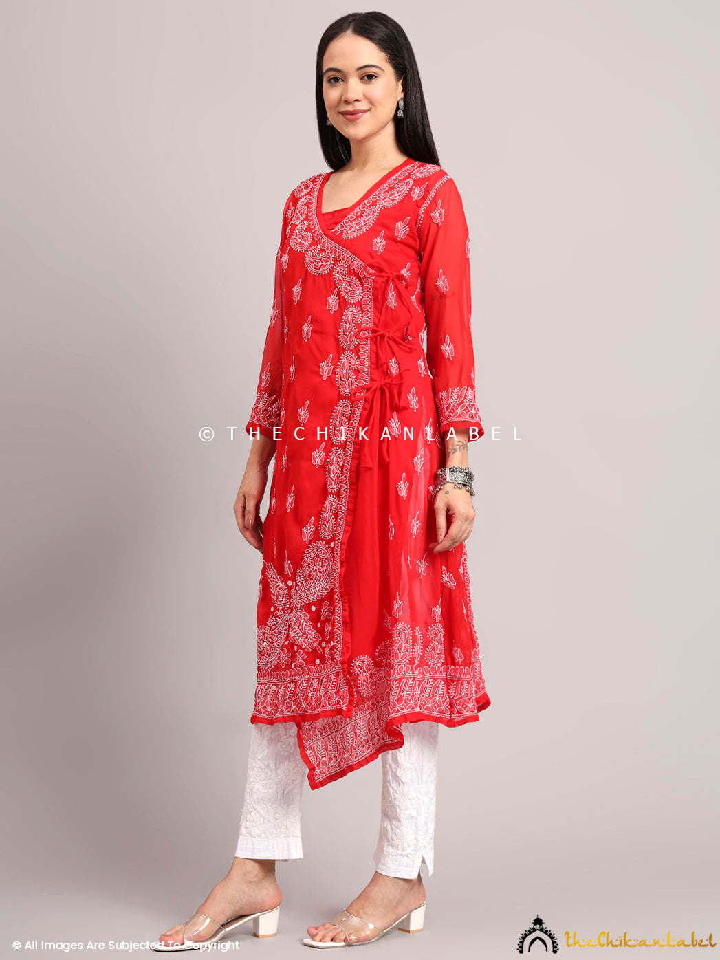 Model showcasing a trending Angrakha kurta with V-neckline and side tie-up, perfect for casual wear and festive occasions

