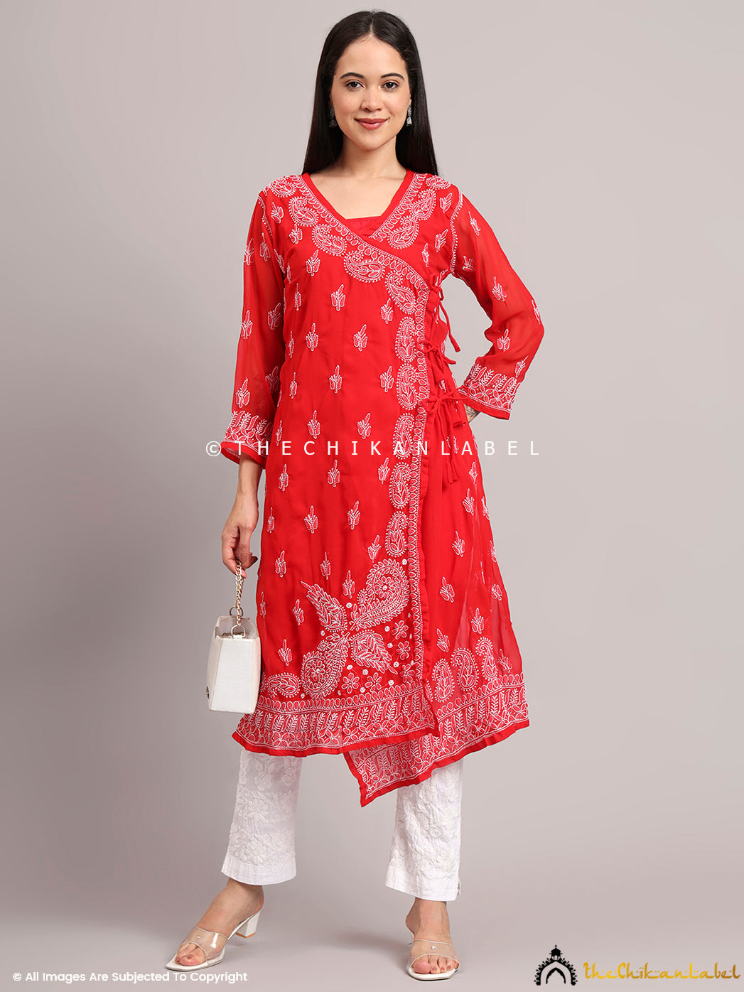 Side-view of a handcrafted Chikankari Angrakha kurta in a lightweight silhouette, ideal for summer outings and casual events

